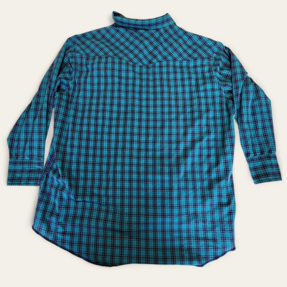 Wrangler‎ Men's Pearl Snap Plaid Western Shirt | 19x36 Tall | Teal, Blue, Yellow - Picture 5 of 6